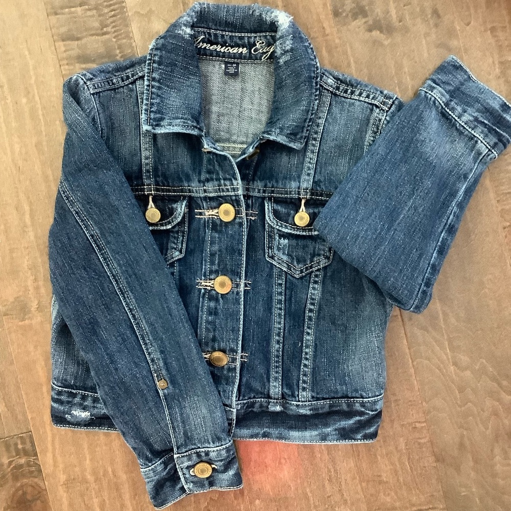 American Eagle Outfitters Distressed Blue Denim Jacket, Size XS